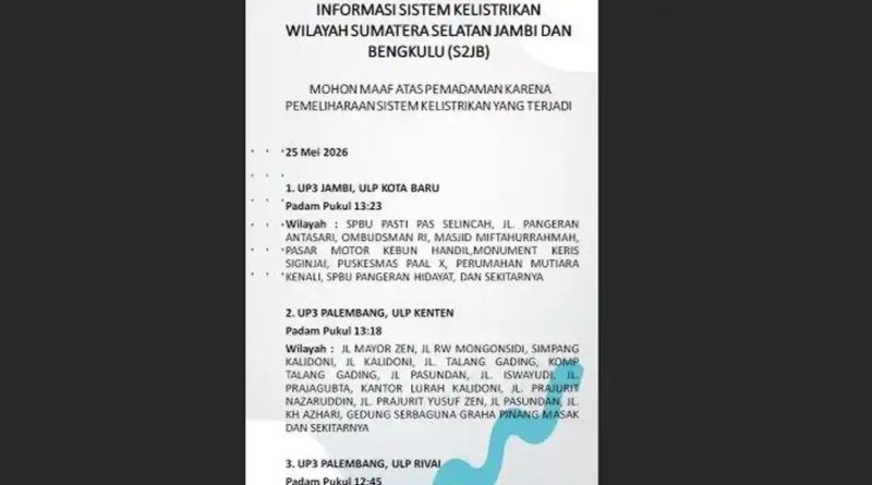 Lagi! PLN Lakukan Pemadaman Listrik Bergilir di Sejumlah Wilayah Kota Jambi